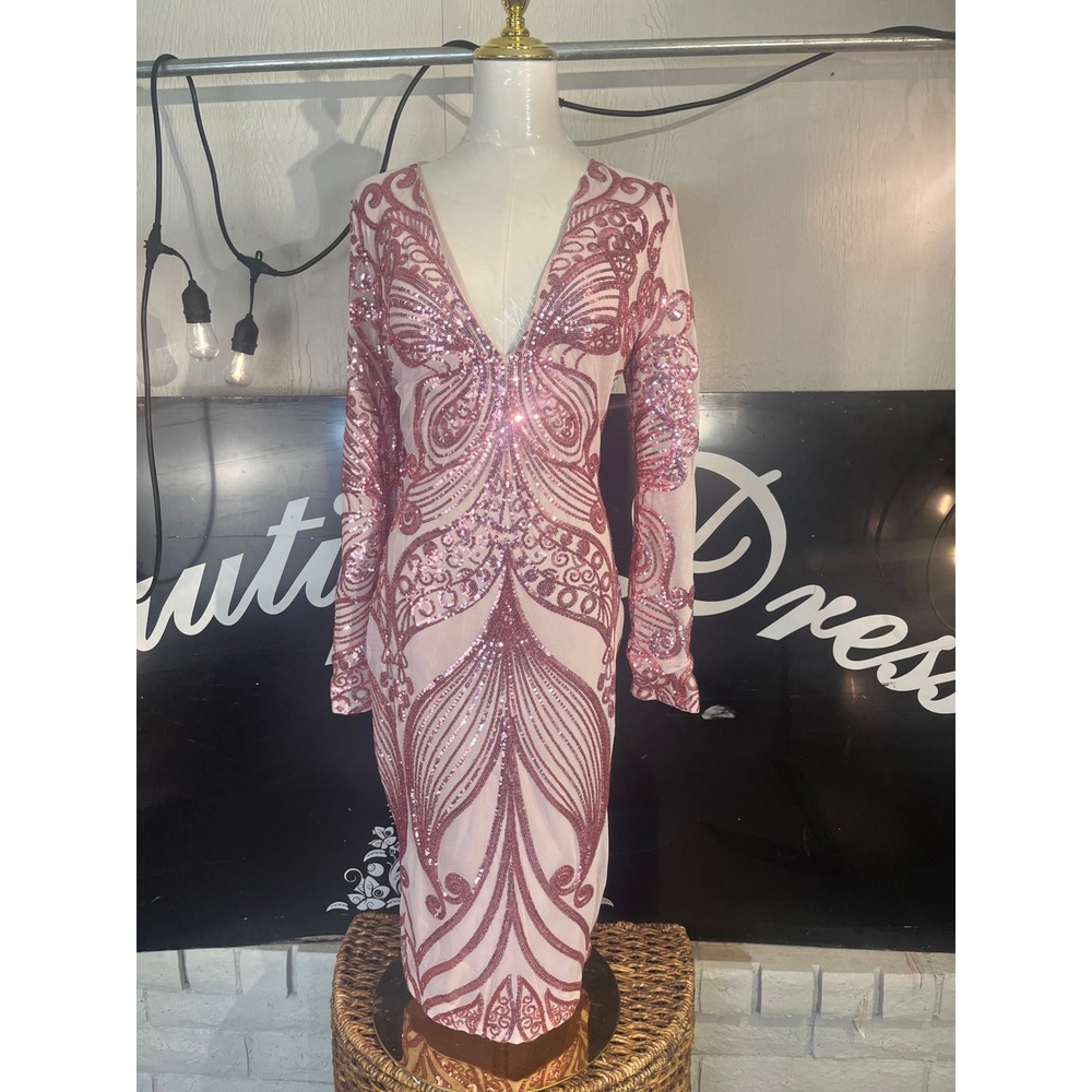 Ricarica Sequin Evening Party Dress Long Sleeve V Neck Cocktail Bodycon Pink S/M